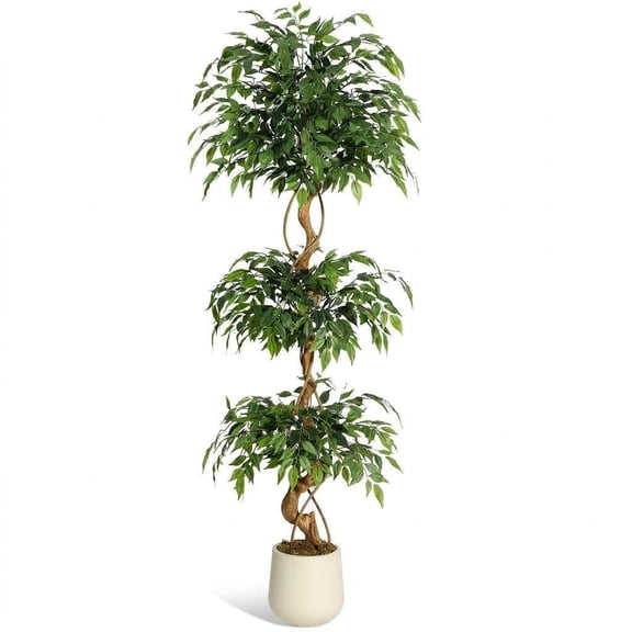 Realistic Artificial Ficus Tree for Home or Office – 180cm Tall Faux Plant with Natural Trunk, Textured Silk Leaves & Dried Moss – Indoor Decorative Potted Tree – 6fr