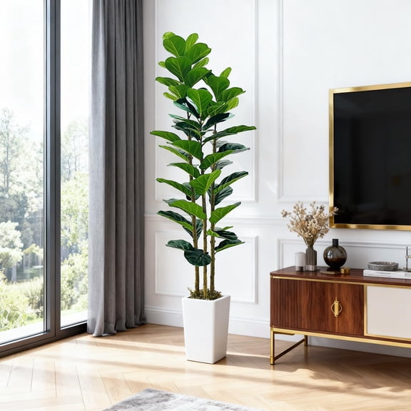 Realistic Artificial Fiddle Leaf Fig Tree with Natural Wood Trunk & Moss, UV-Resistant Faux Plant for Indoor/Outdoor Decor