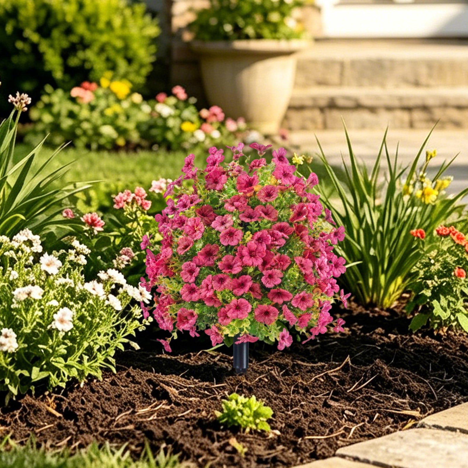 Realistic Artificial Flowers for Outdoors with Ground Stakes – UV Resistant Faux Flowers, Artificial Outdoor Flowers for Garden, Porch, and Yard Decor, Watermelon Red