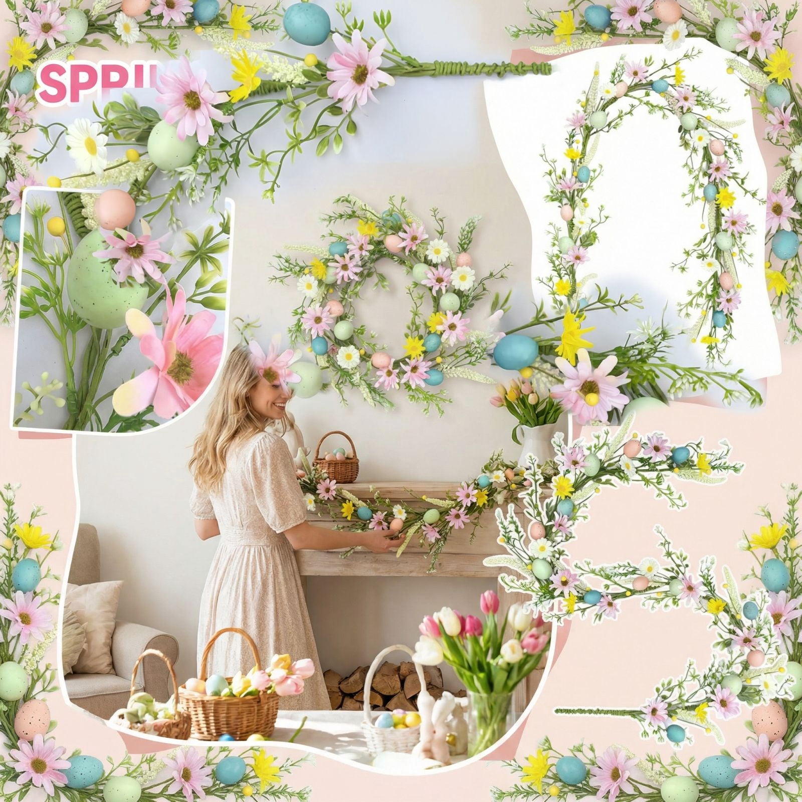 Realistic Artificial Garlands with Colorful Flower, 70.8in Easter ...