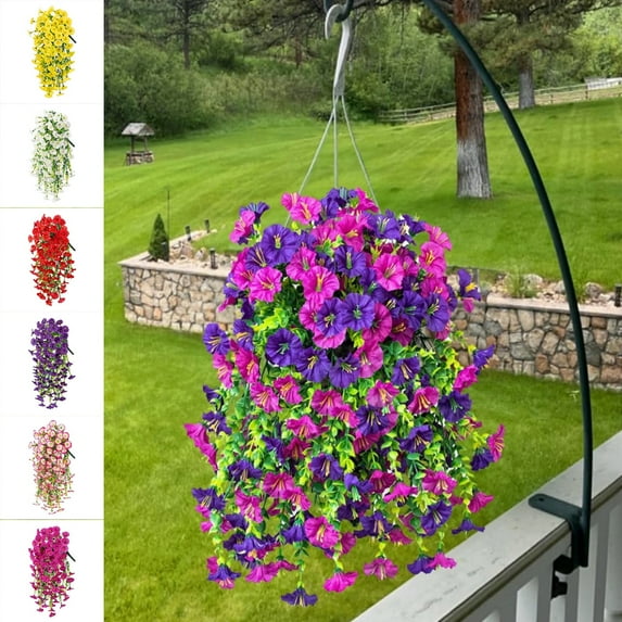 Realistic Artificial Hanging Baskets Outdoor Decor Faux Silk UV Resistant Vines for Porch Patio Spring Summer 2 Pack