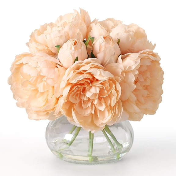 Realistic Artificial Peony Bouquet with Clear Glass Vase and Faux Water – 7 Silk Flower Stems for Home, Table, Wedding or Party Decor – No Maintenance Required, Champagne