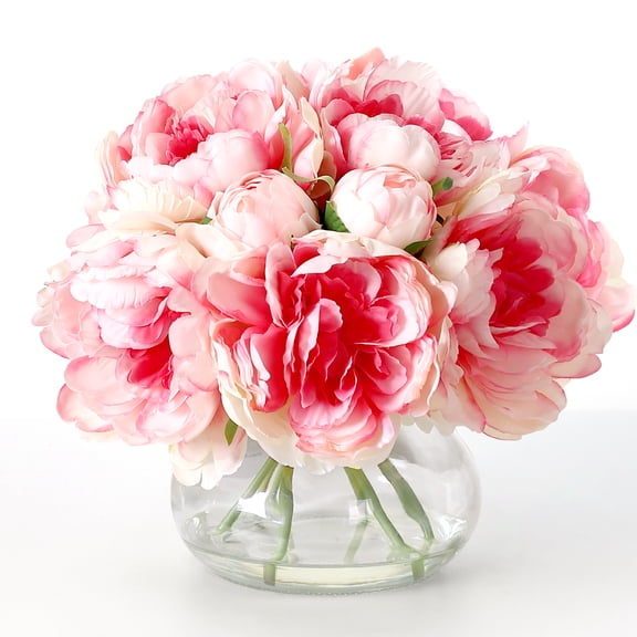 Realistic Artificial Peony Bouquet with Clear Glass Vase and Faux Water – 7 Silk Flower Stems for Home, Table, Wedding or Party Decor – No Maintenance Required, Pink