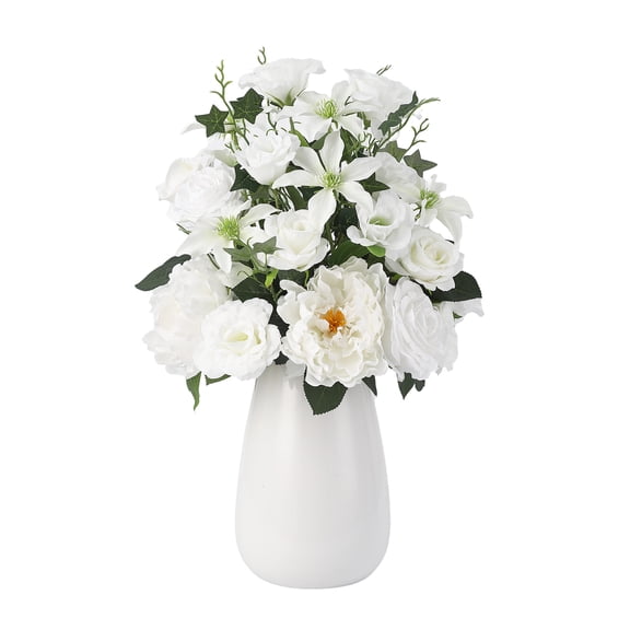 Realistic Artificial Roses in Ceramic Vase - Lifelike Faux Flowers with Bendable Stems - Everlasting Ready-to-Display Arrangement for Home, Office, Wedding Centerpiece or Gift