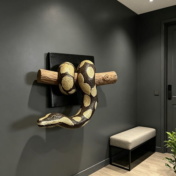 Realistic Ball Python On Branch Wall Art, 3D Resin Hanging Snake Statue