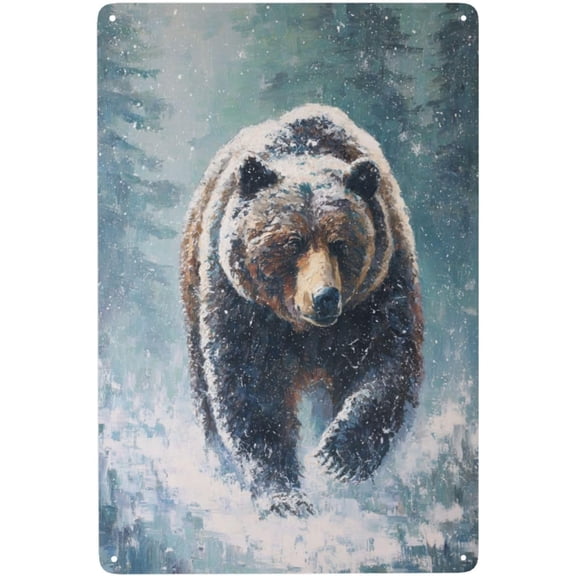 Realistic Bear In Snowy Wilderness Metal Tin Wall Art Vintage Poster For Home Bar Garage Nature Themed Decor 8x12 Inch