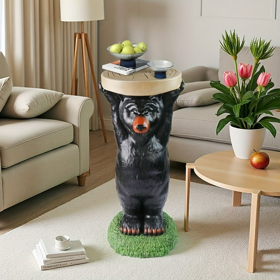 [Realistic Bear Table] Realistic Resin Black Bear Side Table | Decorative Bear Accent Table - Indoor or Outdoor Patio Sculpture for Home Decor