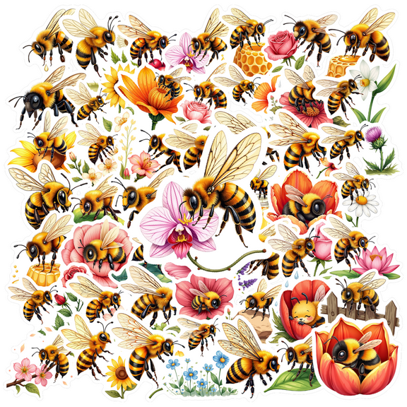 Realistic Bee Flower Theme Stickers, Waterproof Bee Flower Theme Sticker for Water Bottle Laptop Phone Cases Planner Skateboard Luggage Helmet Party Favor Decor, Ideal for Adults Teens Teacher Rewards