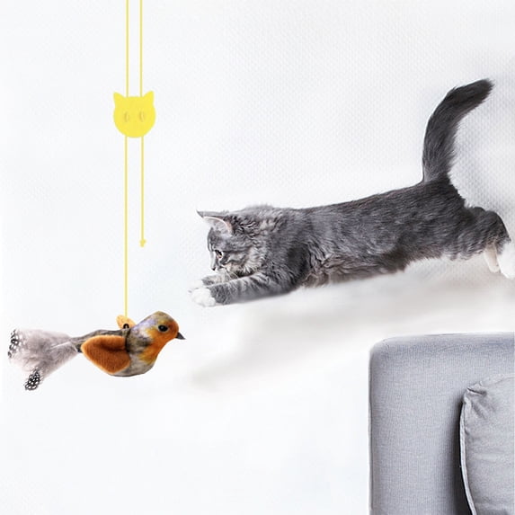 Realistic Bird Sound Cat Toy, Hanging Feather Teaser with Chirp Sound, Interactive Cat Toy for Indoor Cats Play & Exercise,Brown