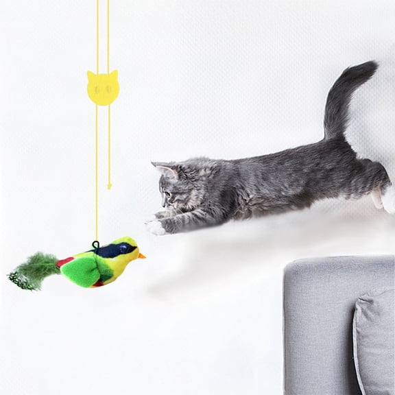Green Cat Teaser Toy with Feather Tail & Bell, Retractable Hanging Suction Cup Interactive Bird Call Toy, Hands-Free Wall Door Mount Kitty Hunting Toy