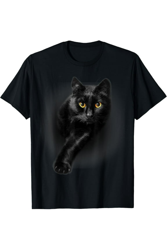 Realistic Black Cat Graphic T-Shirt - 3D Effect Animal Lover Tee - Mystery Goth Style Apparel for Men and Women - Cute Pet Portrait Top