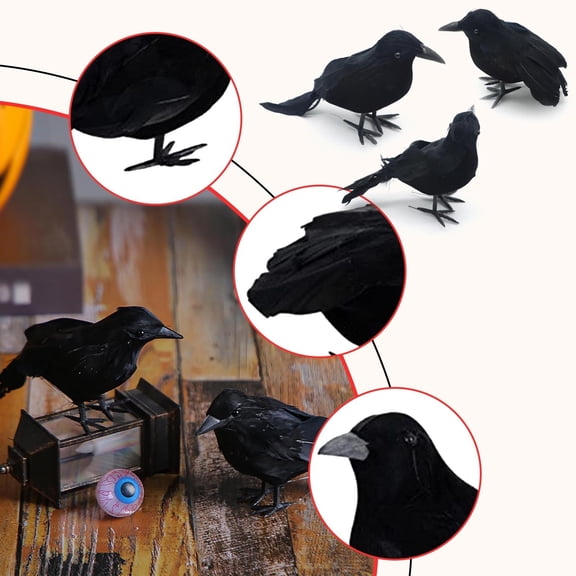 Realistic Black Crows Halloween Decorations, Feathered Raven Props Indoor Outdoor, Spooky Birds for Party Haunted House Yard