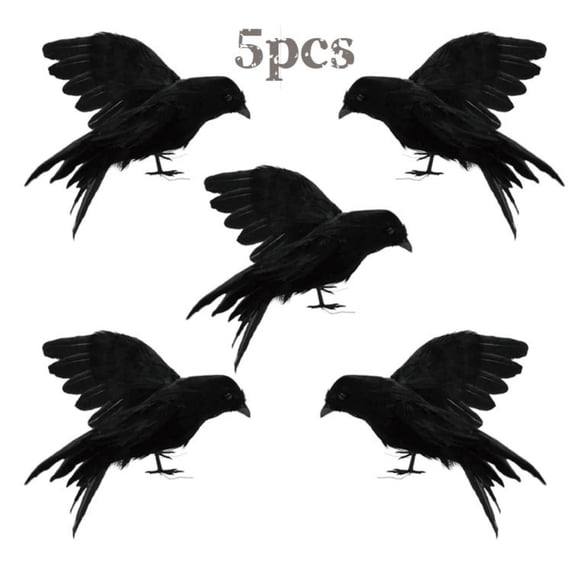 Realistic Black Feathered Crows, Halloween Decoration Props for Yard Garden, Flying Crow Ornaments for Indoor Outdoor Horror Atmosphere