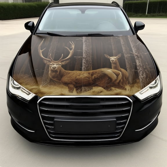 Realistic Black Forest Deer & Pine Trees Vinyl Car Hood Wrap Sticker - Durable PVC Weather-Resistant Automotive Decal with Glossy Finish, Fit for Trucks, SUVs, Cars - Nature-Inspired Deer Design, Eas