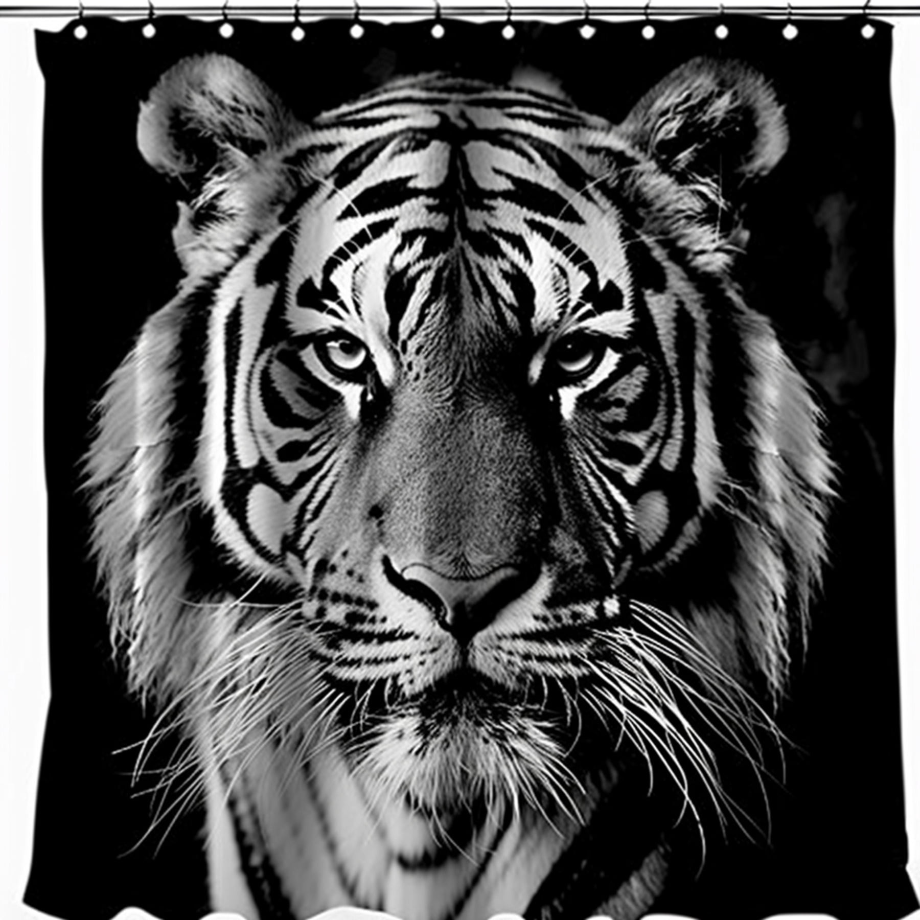 Realistic Black and White Tiger Face Shower Curtain on Fabric Bathroom