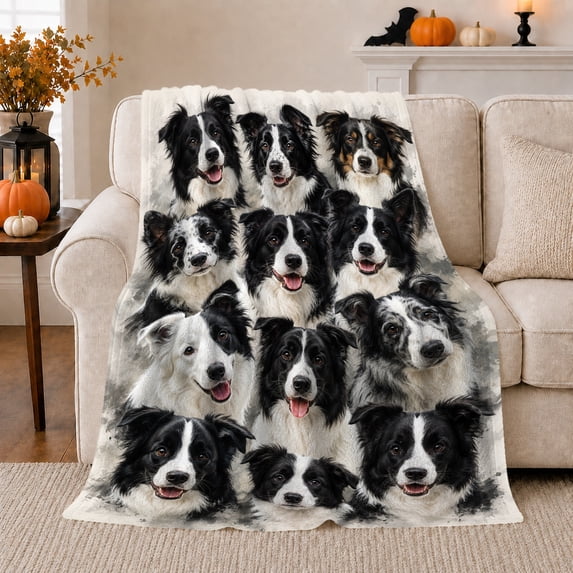 Realistic Border Collie Portrait Collage, Cozy Pet Portrait Pattern, Warm Flannel Blanket for Living Room and Reading Nook, Dog Lovers Father's Day Gift, Pet Lover Home Decor