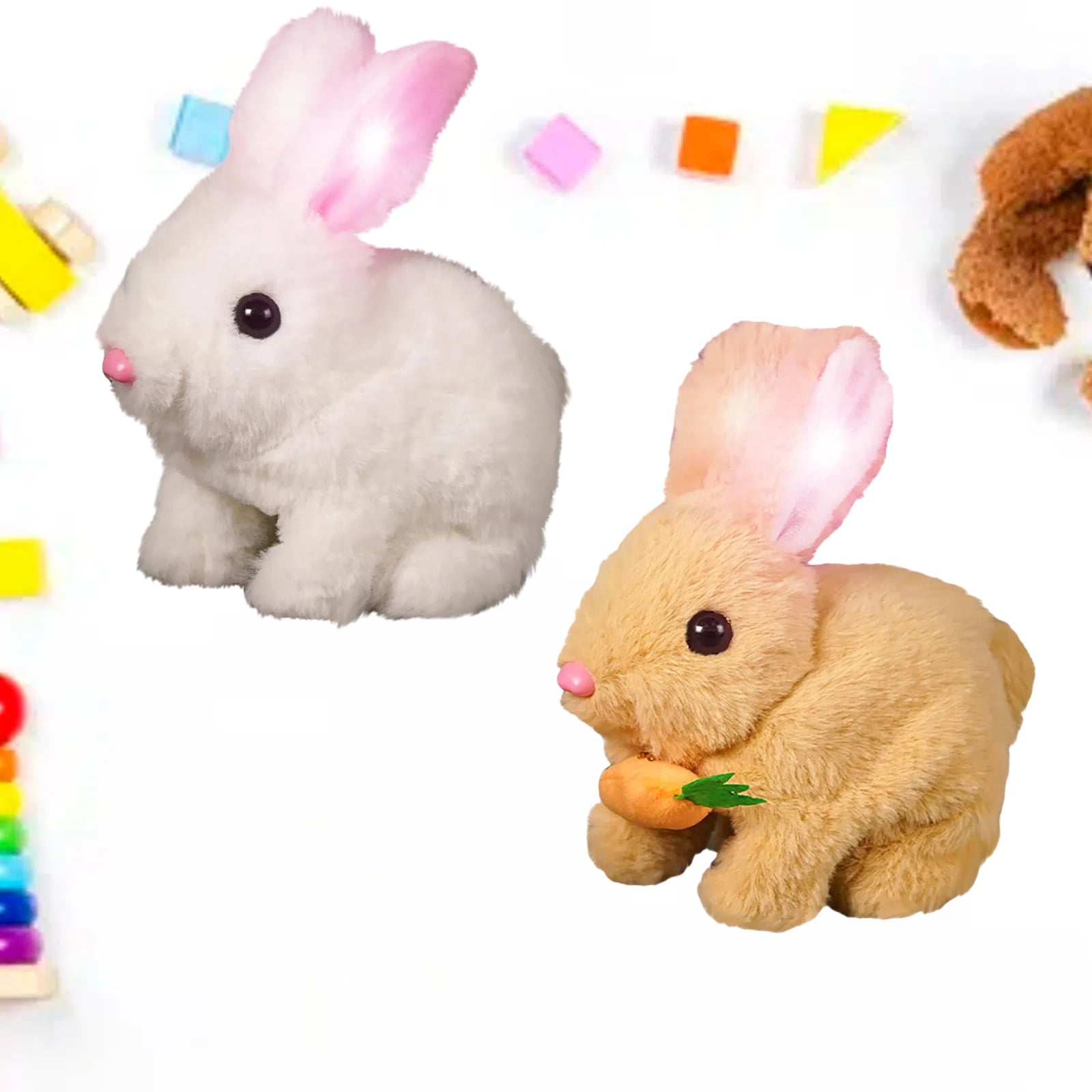 Realistic Bunny Toy, Bunny Toys Educational Interactive Toys, Easter Plush Stuffed Bunny Toy Walking Rabbit Educational Toys for Kids, Hopping Wiggle Ears Twitch Nose(JO-2PCS)
