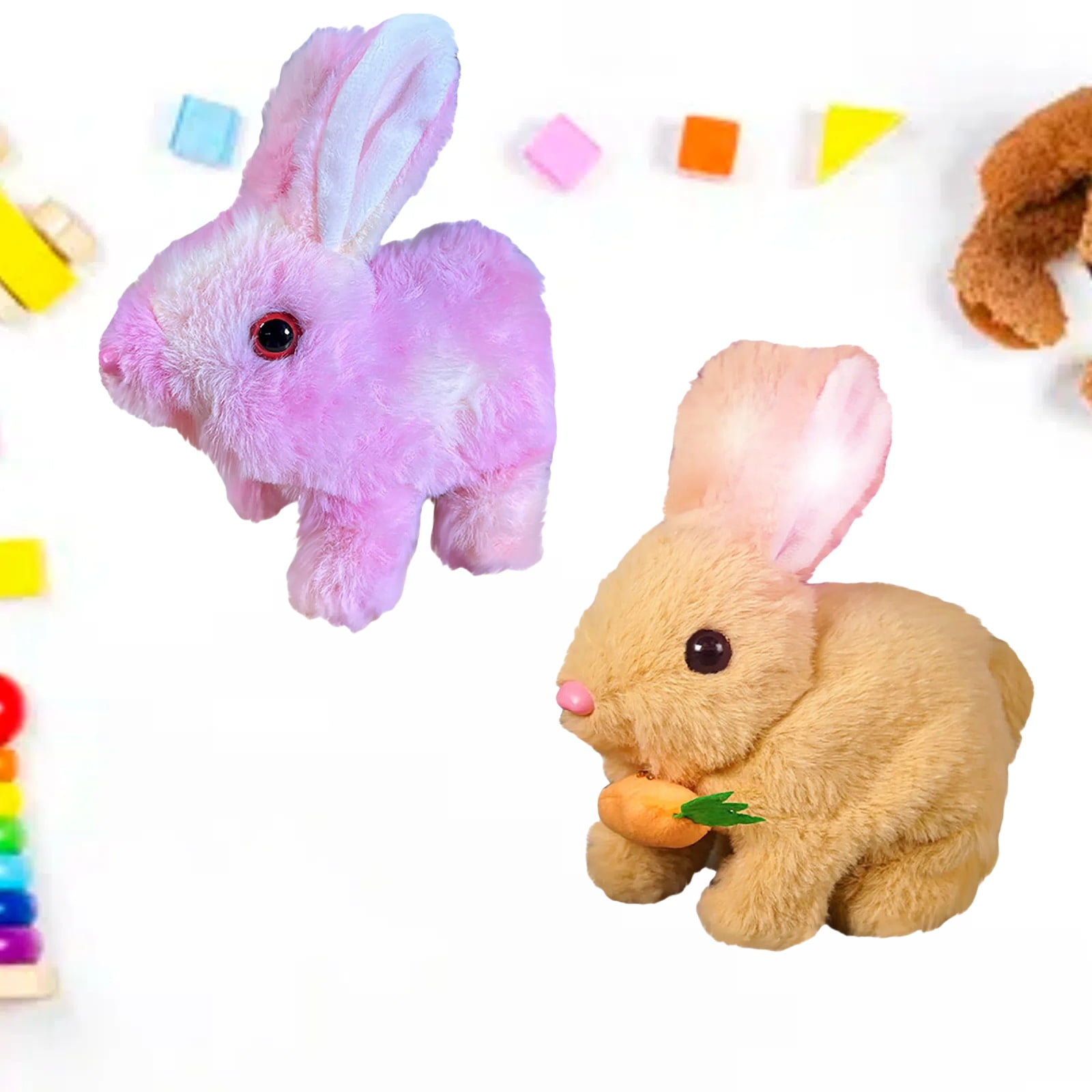 Realistic Bunny Toy, Bunny Toys Educational Interactive Toys, Easter Plush Stuffed Bunny Toy Walking Rabbit Educational Toys for Kids, Hopping Wiggle Ears Twitch Nose(EO-2PCS)