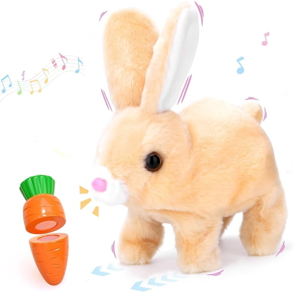 Realistic Bunny Toy, Easter Educational Interactive Bunny Toy, Plush Bunny Hopping Rabbit with Sounds and Movements, Twitching Mouth and Nose, and Wiggling Ears (Brown)
