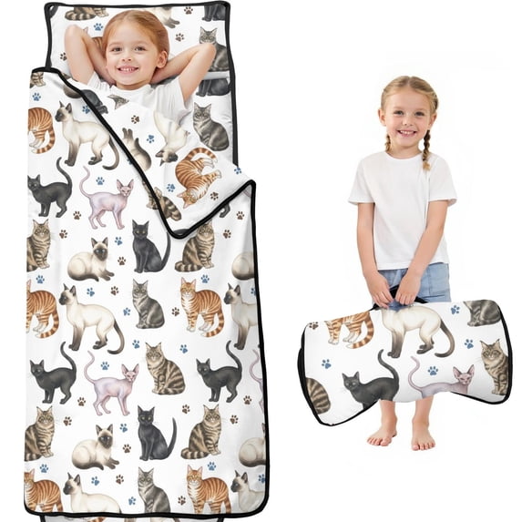 Realistic Cat Breed White Pattern Teens Toddler Nap Mat with Pillow, Sleeping Mat Bag for Preschool Daycare 59"x22"