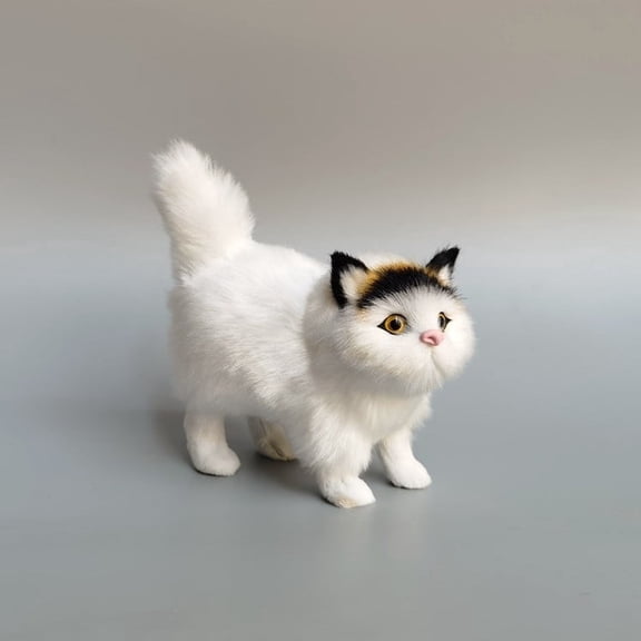 Realistic Cat Figurine - Lifelike Furry Kitten Statue, Plush Kitty Stuffed Animal Toy, Home Office Car Decor, Collectible Gift, Photo Prop，White-Black