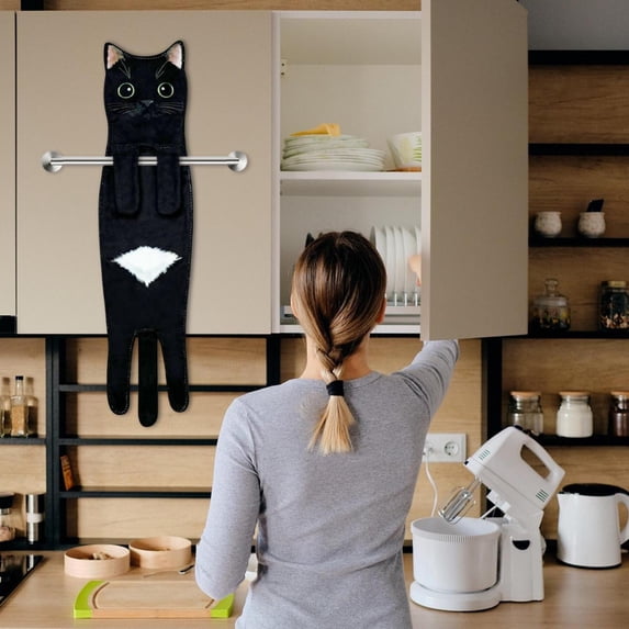 Realistic Cat-Shaped Hand Towel - Hanging Absorbent Face Wipe Towel, Soft Fluffy Cat-Themed Decor, Durable Bathroom & Kitchen Towel, Perfect 2026, Valentine's Day & Easter Home Guest Use, Black