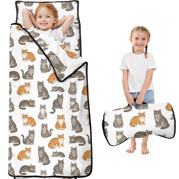 Realistic Cat White Pattern Teens Toddler Nap Mat with Pillow, Sleeping Mat Bag for Preschool Daycare 60"x20"