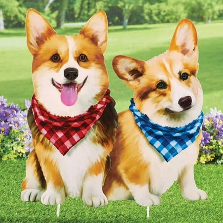 Realistic Corgis in Plaid Scarves Metal Garden Stake