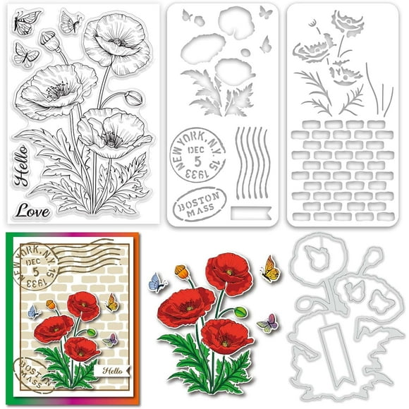 Realistic Corn Poppy Flower Stamps and Die and Layering Coloring Stencil Bundle for Card Making Album Arts Crafts Supplies