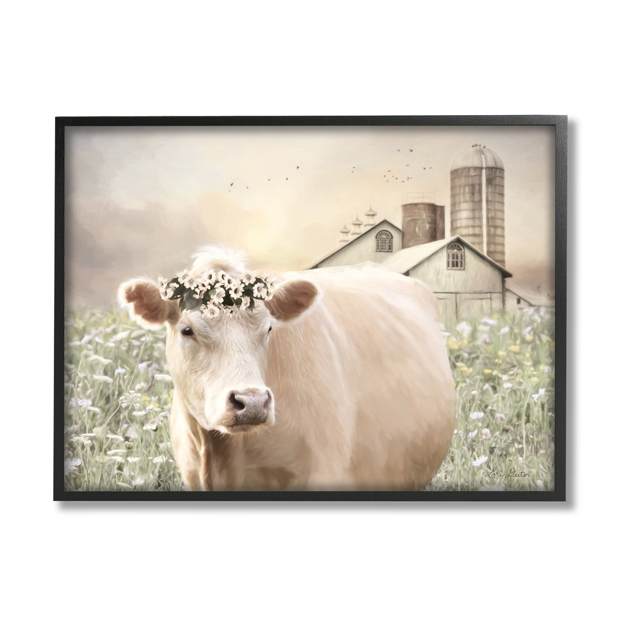 Realistic Cow Floral Crown Tranquil Farm Field 14 in x 11 in Framed Painting Art Prints, by Stupell Home Décor
