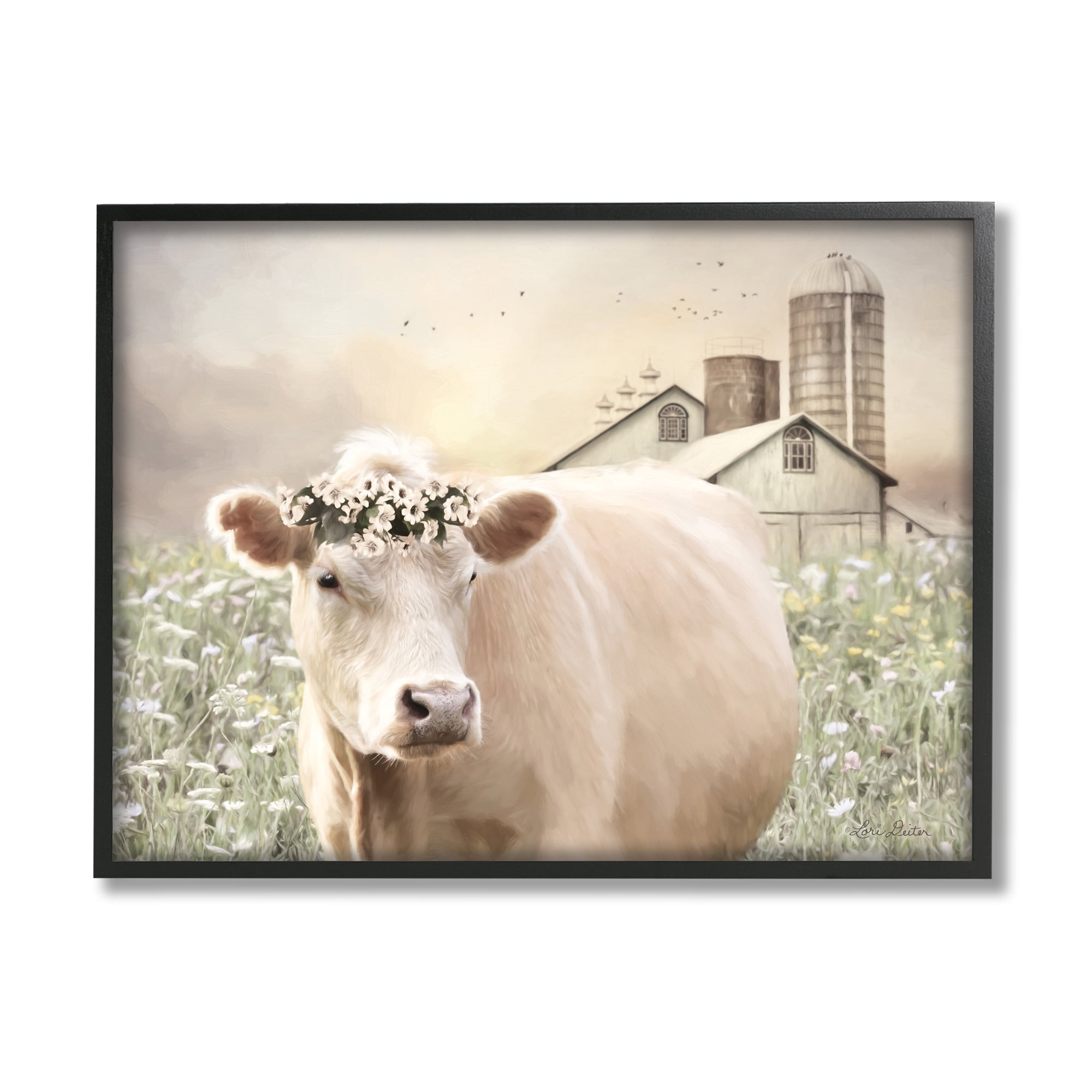 Stupell Industries Realistic Cow Floral Crown Tranquil Farm Field,24 x 30,Designed by Lori Deiter