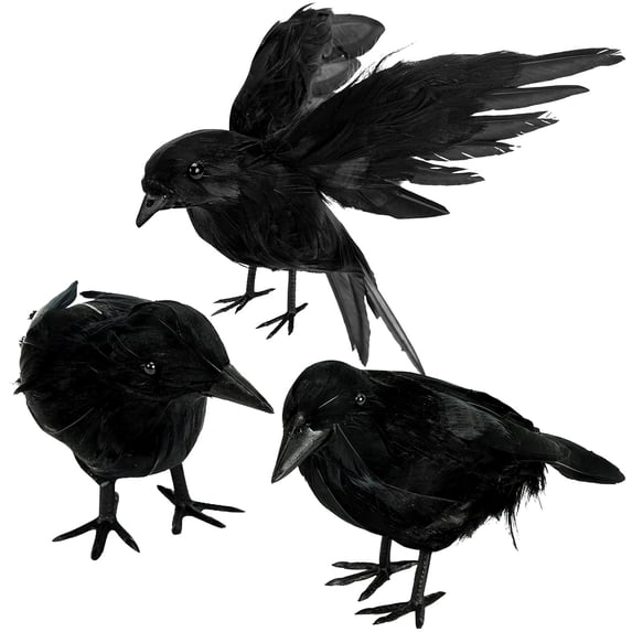Realistic Crow Figurine, Feather Plastic Halloween Table Decor Prop, Black Spooky Bird Ornament for Shelf Mantel Haunted House Party Scene Setup(3PCS)