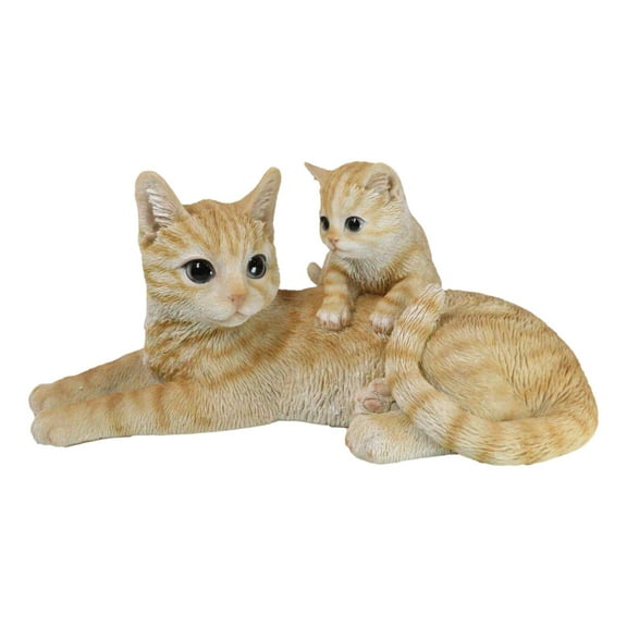 Realistic Curious Feline Orange Tabby Cat Mother with Cute Kitten Figurine 12"L