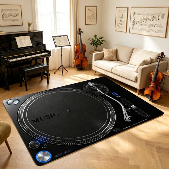 Realistic DJ Turntable Printed Floor Mat, Living Room Bedroom Carpet, Unique Housewarming Gift for Music Collectors