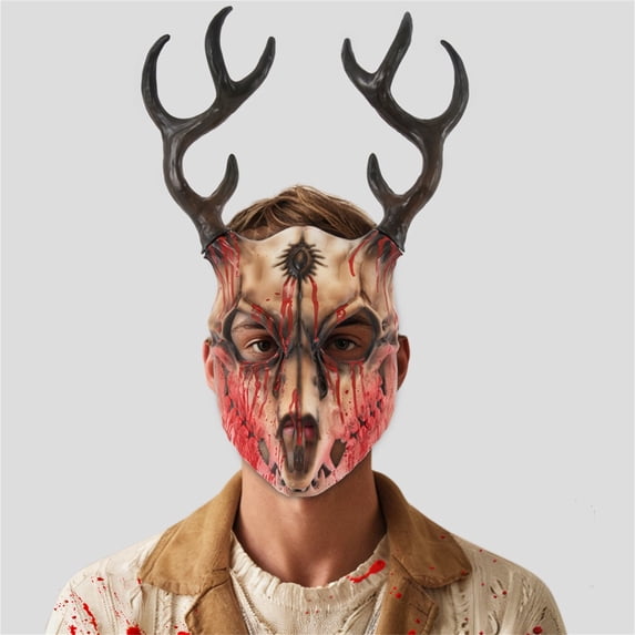 Realistic Deer Skull Mask with Antlers, Bloody Forest Animal Bone Mask for Halloween Cosplay