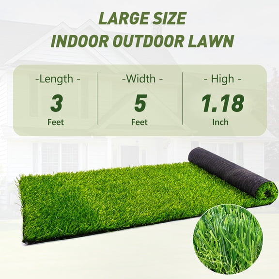 Realistic Deluxe Artificial Grass Synthetic Thick Lawn Turf Carpet 3 FT x 5 FT 15 Square FT for Indoor Outdoor Use