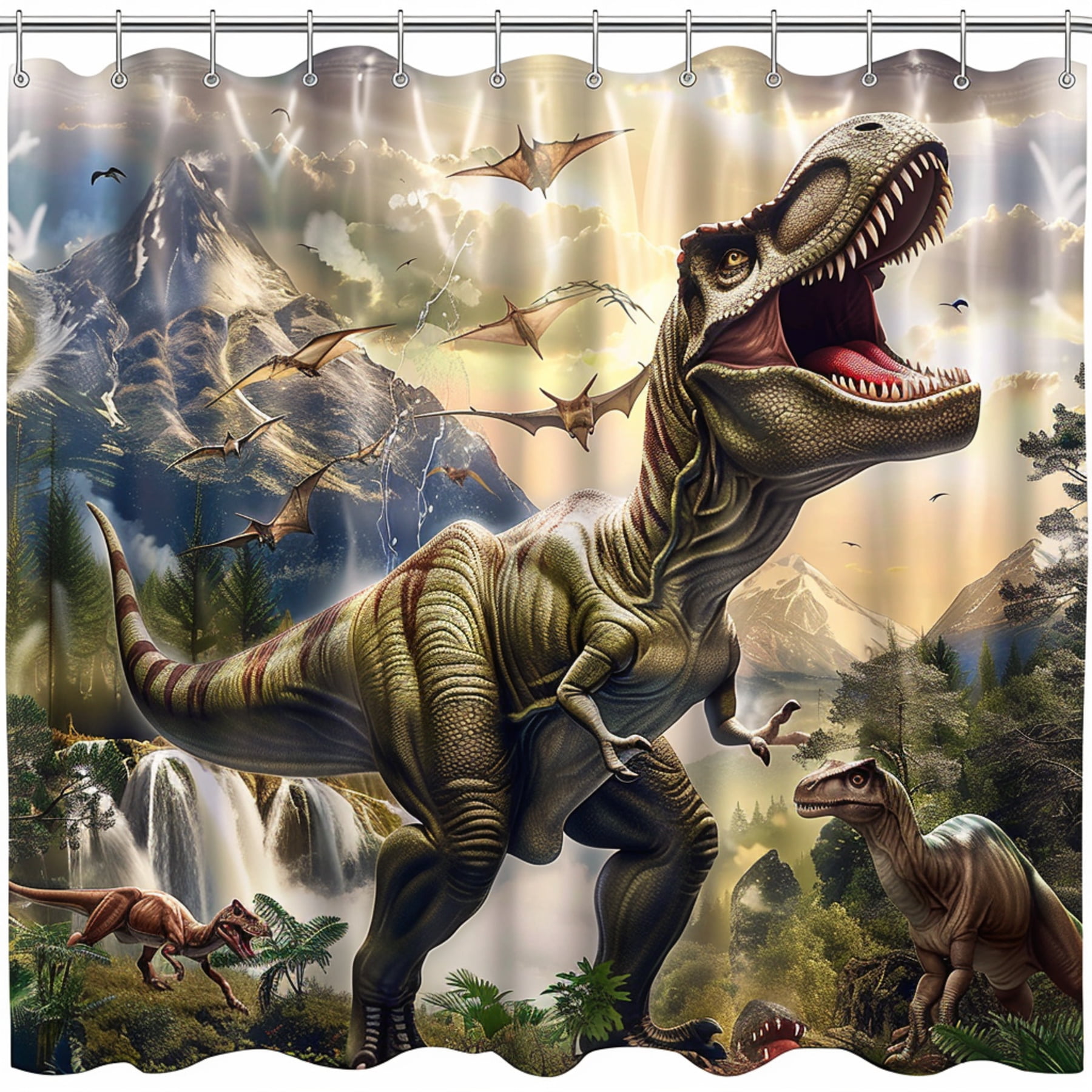 Realistic Dinosaur Prehistoric Life Shower Curtain TRex Roaring in