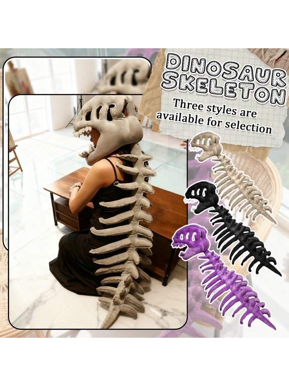 Realistic Dinosaur Skeleton Costume 45in, Plush Spinosaurus Skeleton Jumpsuit with 3D Skull Headpiece and Spine Detail, Halloween Costume for Family, Birthday Party & Photo Prop, Gray