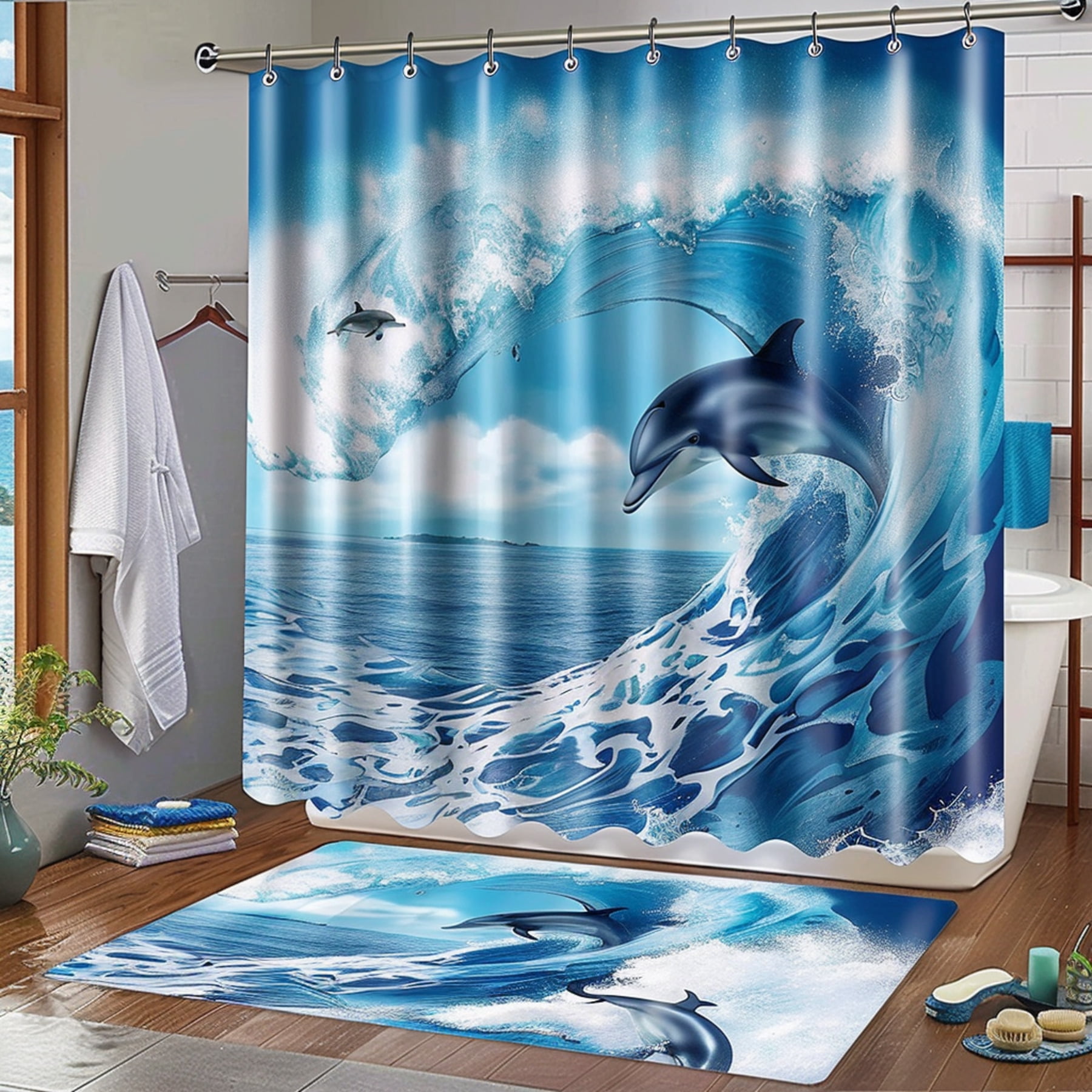 Realistic Dolphin Ocean Wave Bathroom Curtain Set Sea Life Theme with ...