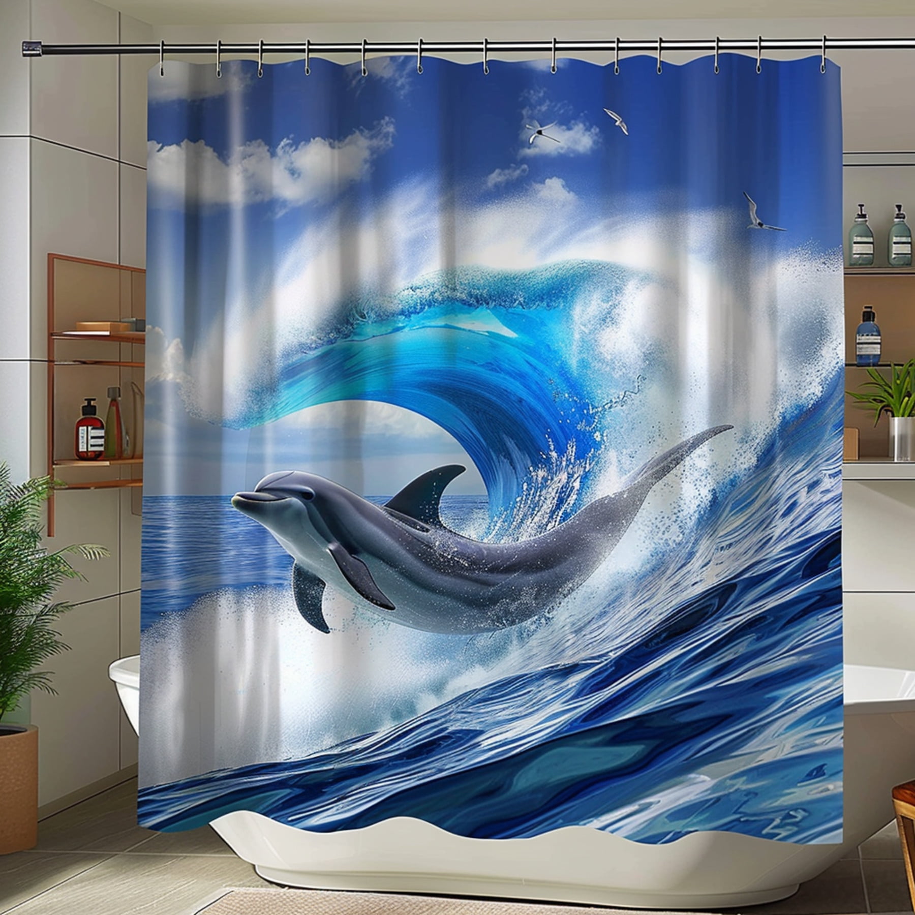 Realistic Dolphin Surfing Ocean Wave Bathroom Curtain Home Decor with