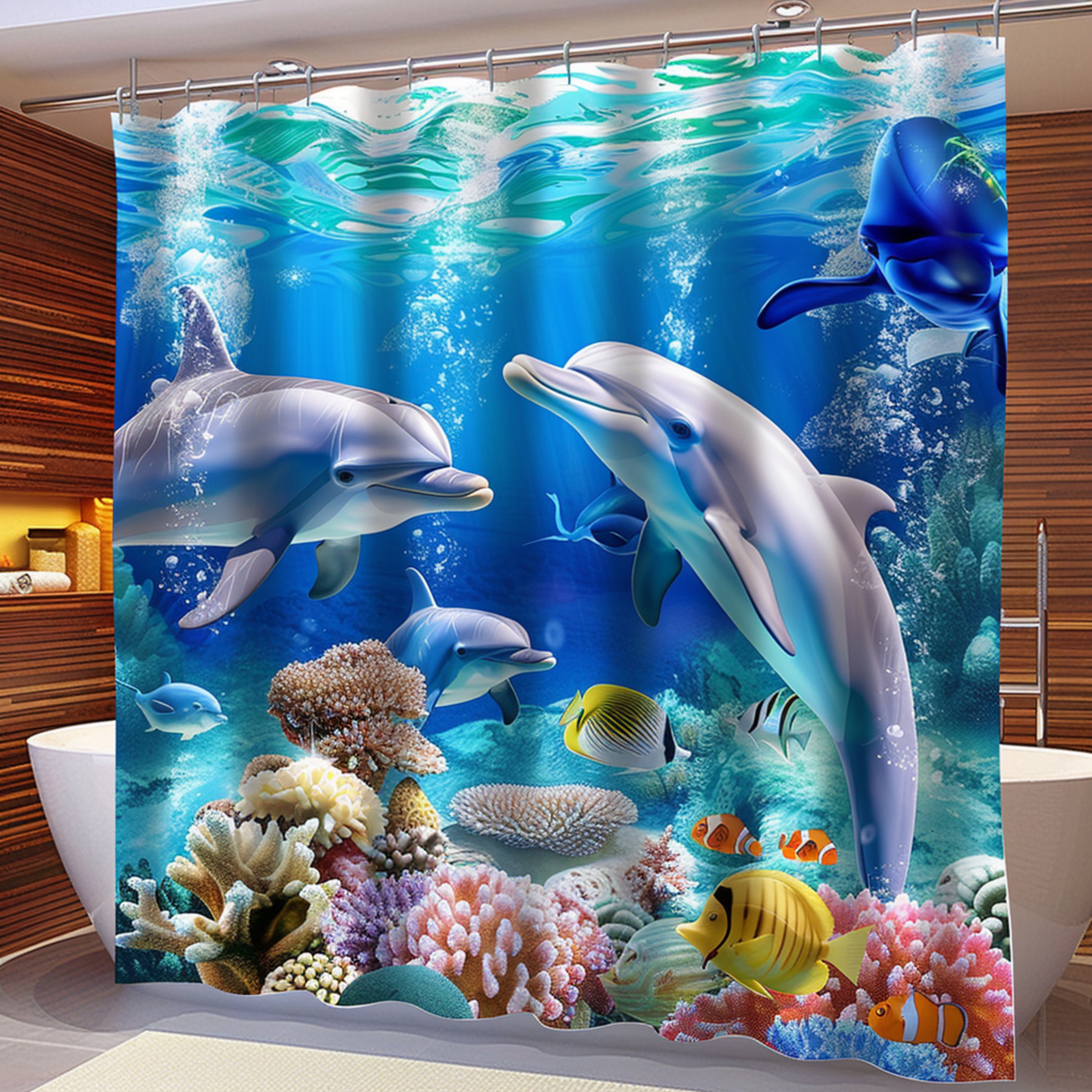 Realistic Dolphin Under the Sea Bathroom Curtain Blue and White Coral