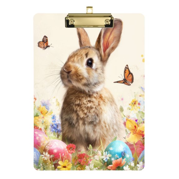Realistic Easter Rabbit with Eggs Wild Florals Acrylic Clipboard Drawing Board with Hook Writing Pad File Storage A4 Size Gold 12.5" x 9"