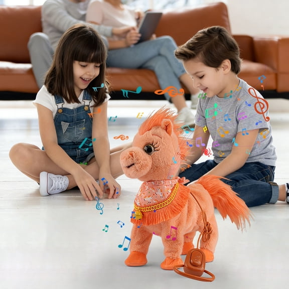 Realistic Electric Mini Pony Toy with Tassel Apron - Soft Plush Mechanical Horse Figurine, Adorable Gift for Girls & Boys, Interactive Animal Plaything