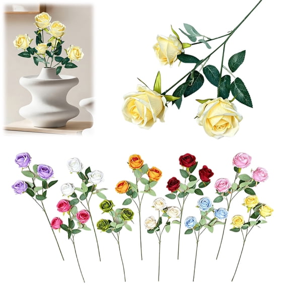 Realistic Fake Flowers Verdsylv Three-Headed Artificial Rose Flower - Realistic Silk Bloom for Wedding Arrangements & Home Decor - Perfect for Hotel Centerpieces - Artificial Rose Heads for Diy