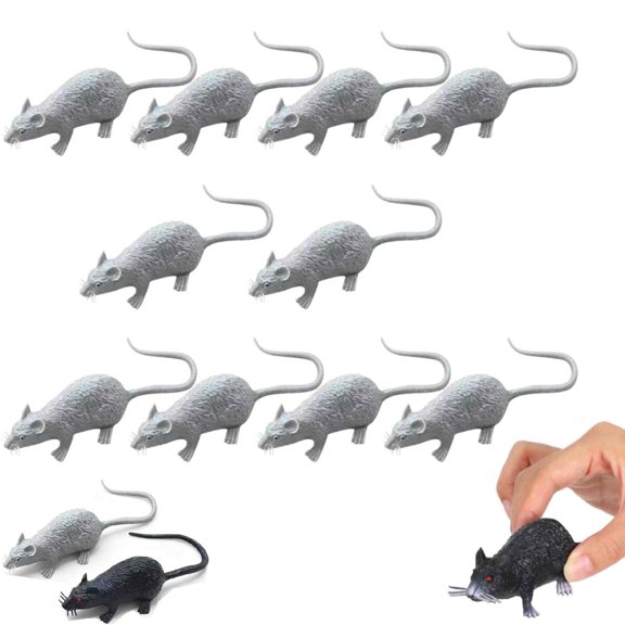 Realistic Fake Rat Prank Toys 10Pcs Set, Lifelike Creepy Mouse Props for Halloween Decorations, Haunted House Layout & April Fools' Day Joke Pranks (Gray-10PCS)