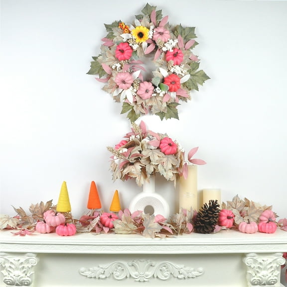 Realistic Fall Leaves Garland,Pink Fall Decor Pumpkin and Maple Boho Room Halloween Decor,Thanksgiving Hanging Fall Garland,5.5Ft Fall Garland for Mantle Fireplace and Wedding