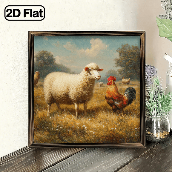 Realistic Farm Animal Painting Wall Art with Sheep & Rooster, Rustic Countryside Landscape Framed Print for Living Room Bedroom Office Farmhouse Decor, 8x8 Inch Decorative Signs & Plaqu