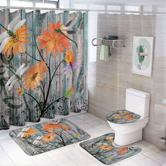 Brebasf Watercolor Marble Pattern Dragonfly Florals 4 Pcs Waterproof Shower Curtain Set,Abstract Summer Pond Lotus Green Leaf Dragonfly with Waterproof Toilet Cover Shower Mat Rugs