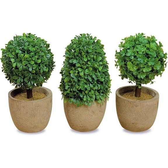 Realistic Faux Boxwood Sculptural Topiary, Set of 3, Curly Leaf, Cone and Ball Tops, Gray Stone Pot, Each 5 1/2 Inches Tall, Mixed Materials