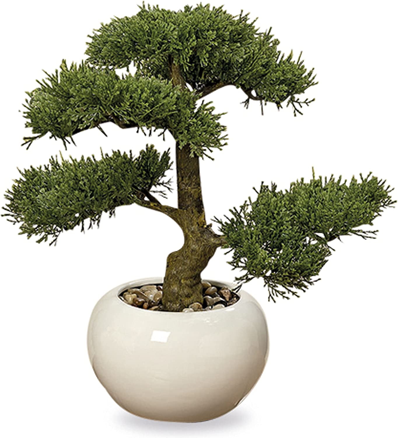 Realistic Faux Cedar Bonsai Tree, White Round Pot, Pebbles, Padded Bottom, 12.5 inches (H 33 cm)